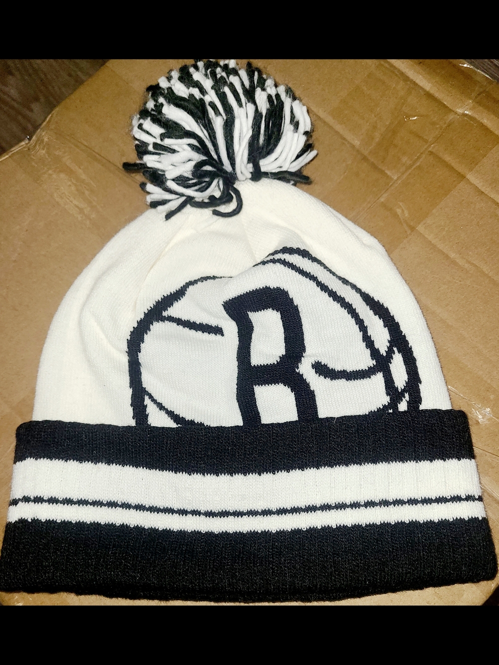 Adidas NBA Nets Black and White Pom Beanie Hat